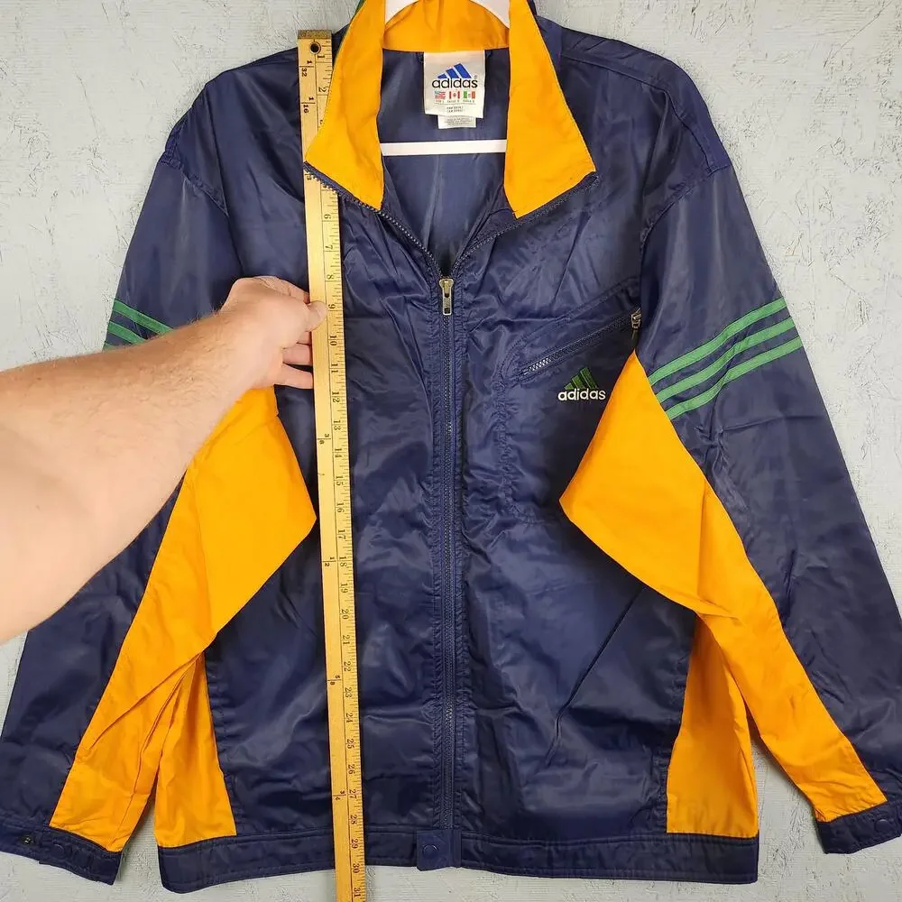 Adidas Jacket Mens Large Blue Yellow Windbreaker Track Nylon 3 Stripes Full Zip
